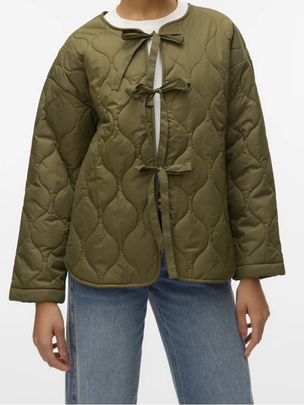 Vero Moda Olive Green Sabine Tie Front Quilted Jacket Small NWT - Picture 3 of 5